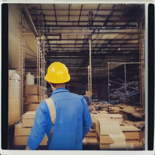 Image similar to a polaroid photo of man doing sort things into sort machines in lazada logistics warehouse, he's wearing blue cloth and construction hat,, photo from behind, highly details, perfect face shape, cinematic lighting,