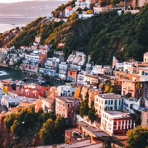 Image similar to city on a cliff, small city on hillside cliff, golden hour