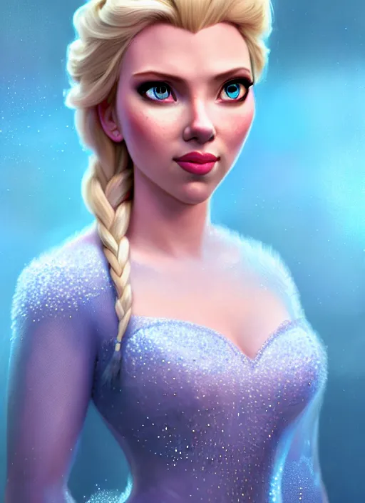 Image similar to scarlett johansson as Elsa from Frozen, au naturel, hyper detailed, digital art, trending in artstation, cinematic lighting, studio quality, smooth render, unreal engine 5 rendered, octane rendered, art style by klimt and nixeu and ian sprigger and wlop and krenz cushart