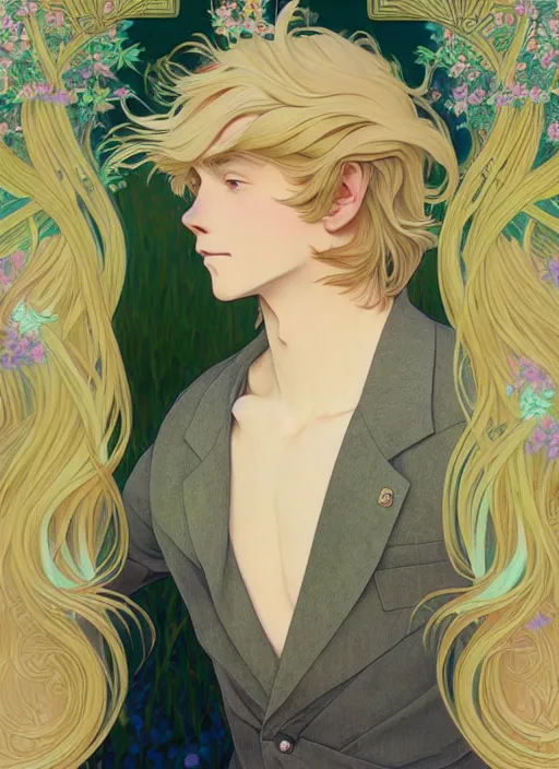 Image similar to pretty young man with shoulder length blond hair, male, half body shot, path traced, highly detailed, high quality, digital painting, by studio ghibli and alphonse mucha, leesha hannigan, hidari, art nouveau, chiho aoshima