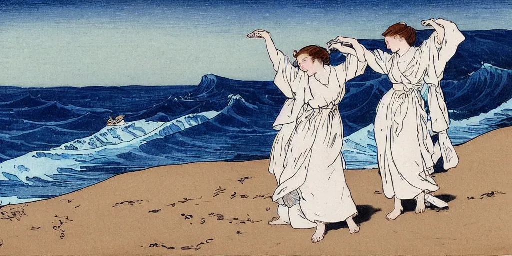 Image similar to two young edwardian women wearing white dresses hold hands on a beach in Sweden, in the style of Anders Zorn, waves in the style of the great wave off kanagawa by Hokusai