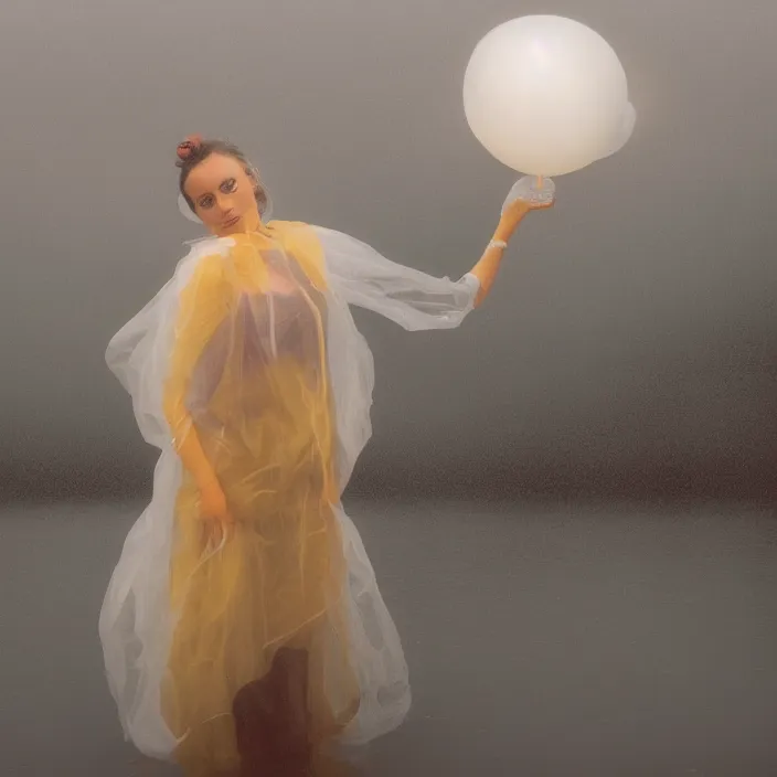 Prompt: a closeup portrait of a woman wrapped in plastic, standing next to a levitating mylar orb, in a foggy lake, color photograph, by vincent desiderio, canon eos c 3 0 0, ƒ 1. 8, 3 5 mm, 8 k, medium - format print