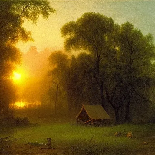 Prompt: shanty in the willow grove at sunset, misty, cyan lighting, minimalist art style, Albert bierstadt, relaxing