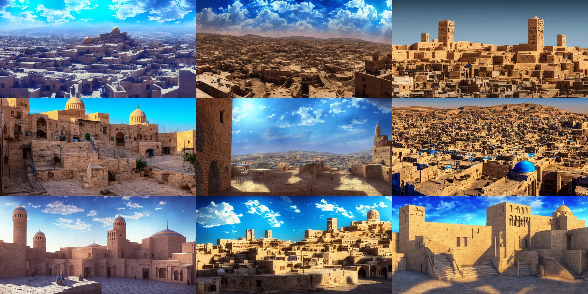 Prompt: artstation scene, citadel of erbil, old town mardin, kurdistan, bright blue sky, light bloom, atmospheric, dynamic ultrawide tilted angle, cinematic composition, detailed textures, painterly anime style concept art, shallow depth of field