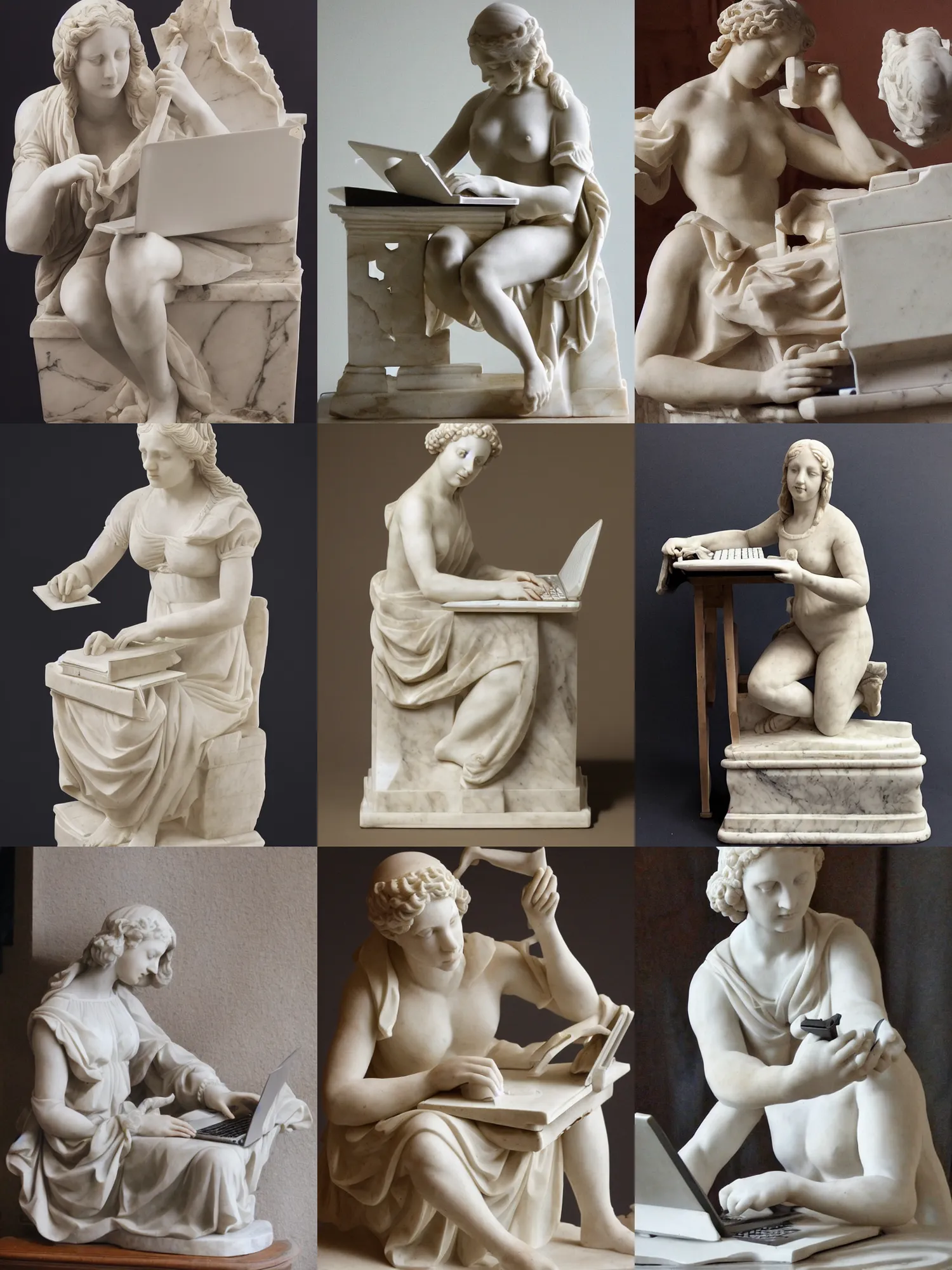 Prompt: a renaissance marble sculpture of one clothed girl working hard typing on laptop