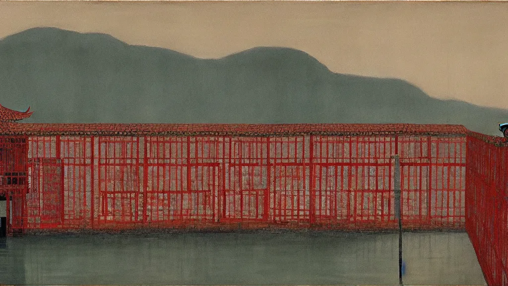 Image similar to a chinese prison near a river by peter doig, muted colors