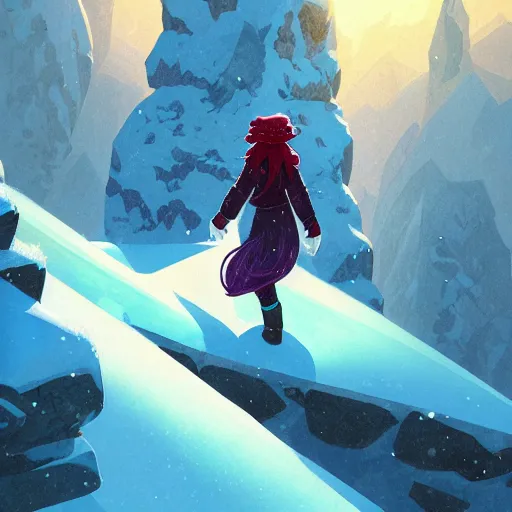 Image similar to madeline from celeste climbing a snowy mountain, pixel art, highly detailed, digital painting, artstation, concept art, sharp focus, illustration, art by greg rutkowski and alphonse mucha