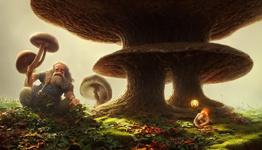 Image similar to dwarf resting under mushroom, by ilya kuvshinov, rtx rendering, octane render 1 2 8 k, maya, extreme high intricate details by tom bagshaw, medium shot, close up shot, composition by sana takeda, lighting by greg rutkowski