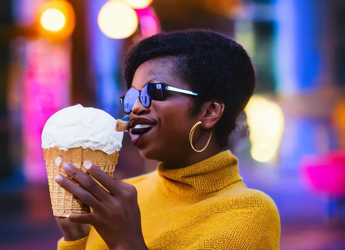 Image similar to a 3 5 mm photo of a young black woman holding an ice cream cone, splash art, movie still, bokeh, canon 5 0 mm, cinematic lighting, dramatic, film, photography, golden hour, depth of field, award - winning, anamorphic lens flare, 8 k, hyper detailed, 3 5 mm film grain