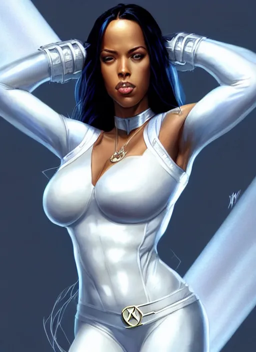 Image similar to full body portrait of marvel cinematic universe aaliyah haughton, x - men, emma frost, elegant, diamonds!! super hero, white outfit, diamond skin, highly detailed!! digital painting, artstation, glamor pose, concept art, sharp focus, illustration, art by artgerm and greg rutkowski, artey freytag