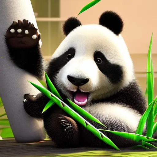 Prompt: cute fluffy panda eating bamboo, high quality 3 d pixar style render, unreal engine, detailed,