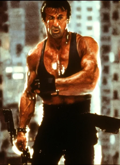 Image similar to film still of Sylvester Stallone as John McClane in Die Hard, 4k