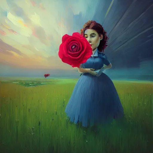 Image similar to portrait, giant rose flower head, girl in a suit, surreal photography, sunrise, blue sky, dramatic light, impressionist painting, digital painting, artstation, simon stalenhag