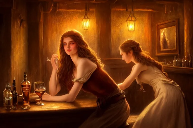 Image similar to a beautiful barmaid, dimly lit cozy tavern, relaxed pose, fantasy, intricate, elegant, dramatic lighting, emotionally evoking symbolic metaphor, highly detailed, lifelike, photorealistic, digital painting, artstation, concept art, smooth, sharp focus, illustration, art by John Collier and Albert Aublet and Krenz Cushart and Artem Demura and Alphonse Mucha, masterpiece