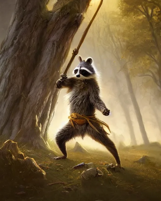 Image similar to oil painting of Anthropomorphized Racoon, holding spear, wearing hunter coat, proud look, full body, sharp focus, fantasy style, octane render, volumetric lighting, 8k high definition, by greg rutkowski, highly detailed, trending on art Station, magic the gathering artwork, woodland backround