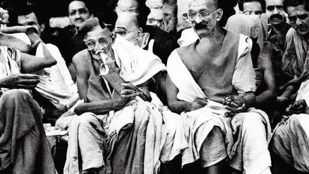 Prompt: gandhi smoking infront of press in a conference, historic old photograph