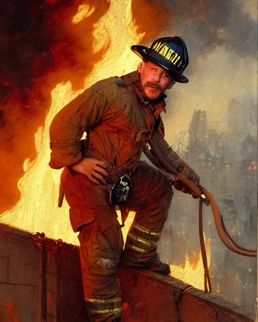 Image similar to tom hardy as a firefighter at a burning nyc building, smoke and flames, painting by gaston bussiere, craig mullins, j. c. leyendecker