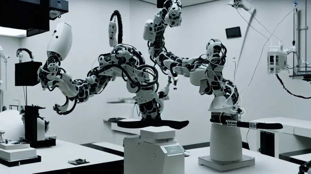 Image similar to a complex bifurcated robotic cnc surgical arm hybrid mri 3 d printer machine making black and white ceramic mutant forms in the laboratory inspection room, film still from the movie directed by denis villeneuve with art direction by salvador dali, wide lens