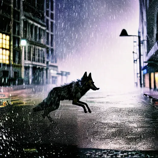 Image similar to an anthropomorphic male wolf running in the streets, night, rain, cinematic, photograph, volumetric lighting, f 8 aperture, cinematic eastman 5 3 8 4 film, photorealistic