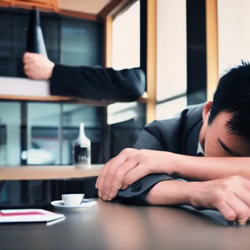 Prompt: japanese salary man leaving work drunk, sad atmosphere