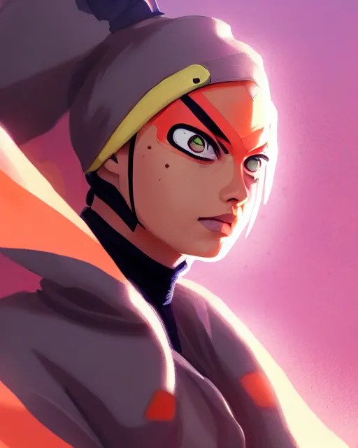 Image similar to margot robbie in naruto as a hidden leaf village ninja, medium shot close up, details, sharp focus, illustration, by jordan grimmer and greg rutkowski, trending artstation, pixiv, digital art