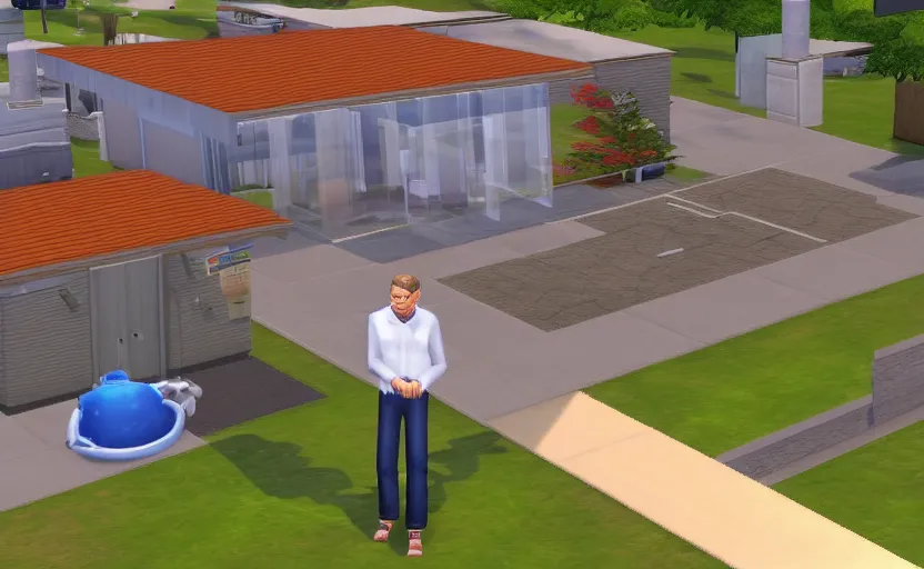 Image similar to bill gates pissing his pants in the sims 2, pc screenshot, top down zoomed in