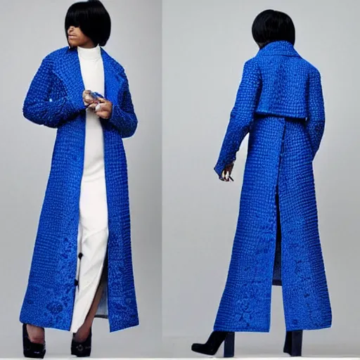 Image similar to fashion 2 0 5 0 fantastic openwork long coat with intricate pattern on a beautiful symmetrical girl with blue hair, hyper realistic photos