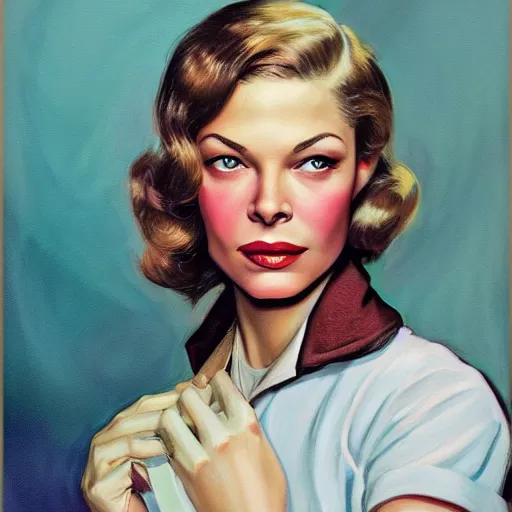 Image similar to young beautiful lauren bacall color studio publicity photo , tight face shot portrait, highly detailed, digital painting, artstation, concept art, sharp focus, illustration, art , by norman rockwell