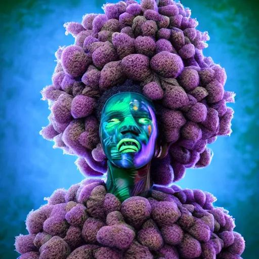 Image similar to an african marijuanna! shaman with an afro made of flowers, third eye art art by machina infinitum, complexity from simplicity, rendered in octane, mandelbulb 3 d, ambient occlusion, radiant lighting, macro photography, felt!!! texture, tribal, pastel! retrowave