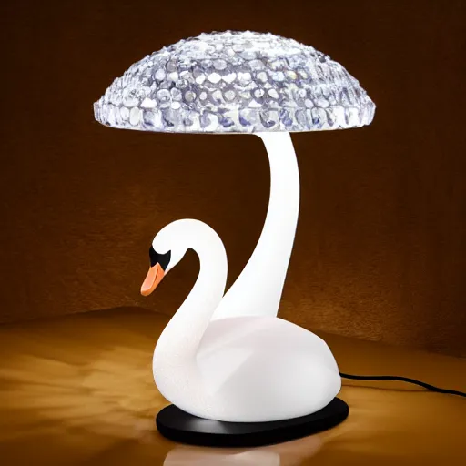 Image similar to luxury table lamp with a swan shape, intricate details, designed by swarovski