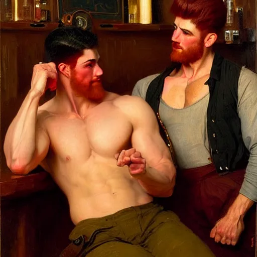 Image similar to attractive muscular male with red hair and muscular attractive male with black hair, drinking their hearts out, in a pub. very defined and highly detailed painting by j. c. leyendecker, gaston bussiere, craig mullins 8 k