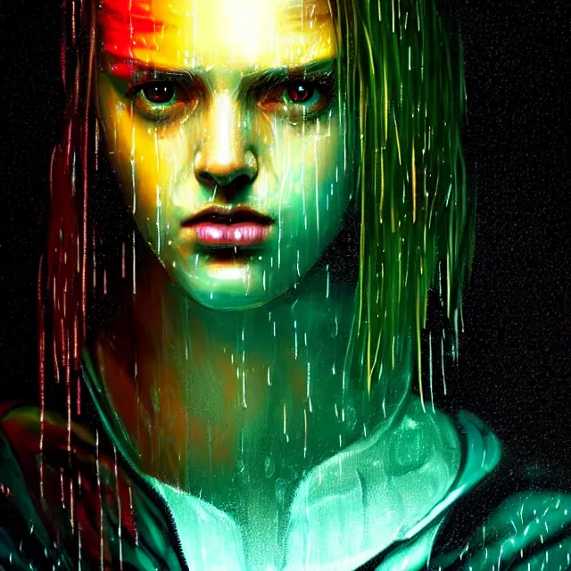 Image similar to bright asthetic portrait LSD glowing backlit rain on face and wet hair, cyberpunk, overhead lighting, fantasy, intricate, elegant, dramatic lighting, highly detailed, lifelike, photorealistic, digital painting, artstation, illustration, concept art, smooth, sharp focus, art by John Collier and Albert Aublet and Krenz Cushart and Artem Demura and Alphonse Mucha