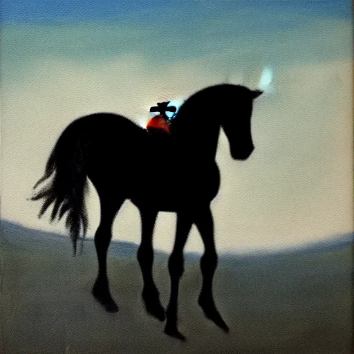 Prompt: a painting of a silhouette of a cowboy riding a horse into the dark horizon, high contrast, black and blue color scheme, dark, creepy, night, far away, in the distance, in the style of Monet