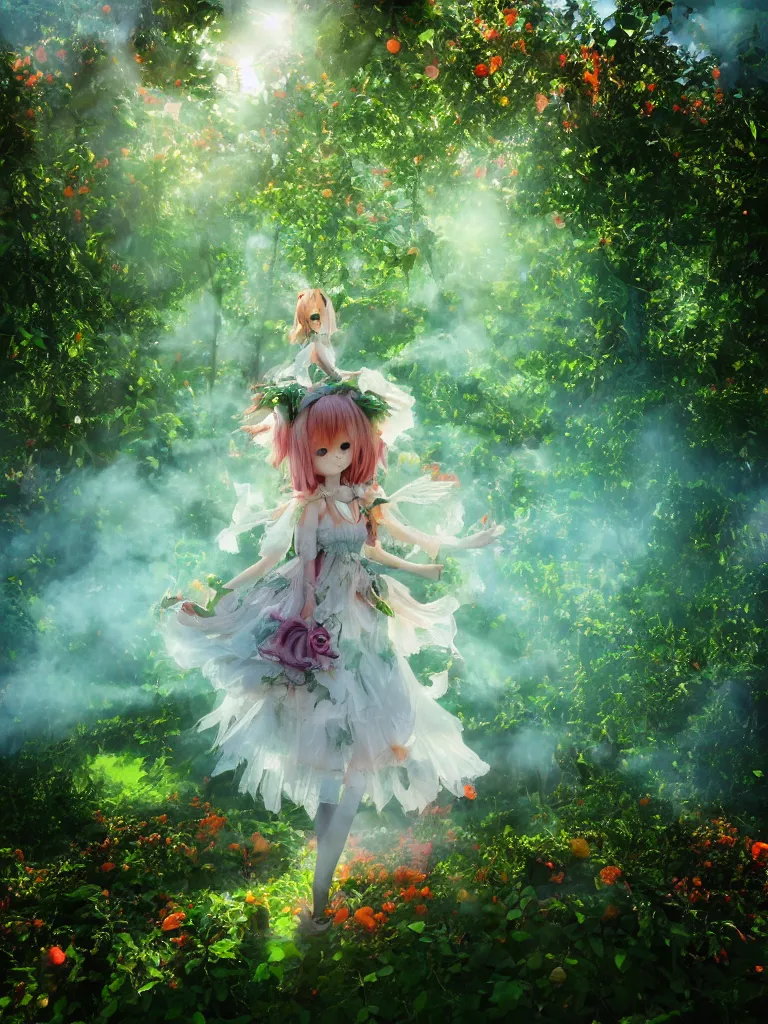 Prompt: cute fumo plush girl among vines in the middle of a lush rose garden, glowing ethereal gothic magical wraith fairy girl, tattered green dress, smoke and orange volumetric fog, blue sky sunshine and cloudless lens flare, bokeh, vray