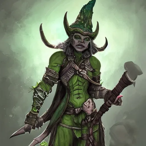 Prompt: cute tiny orc girl with green skin wearing hunter armor from Bloodborne and a wizard hat, d&d, art by Zone