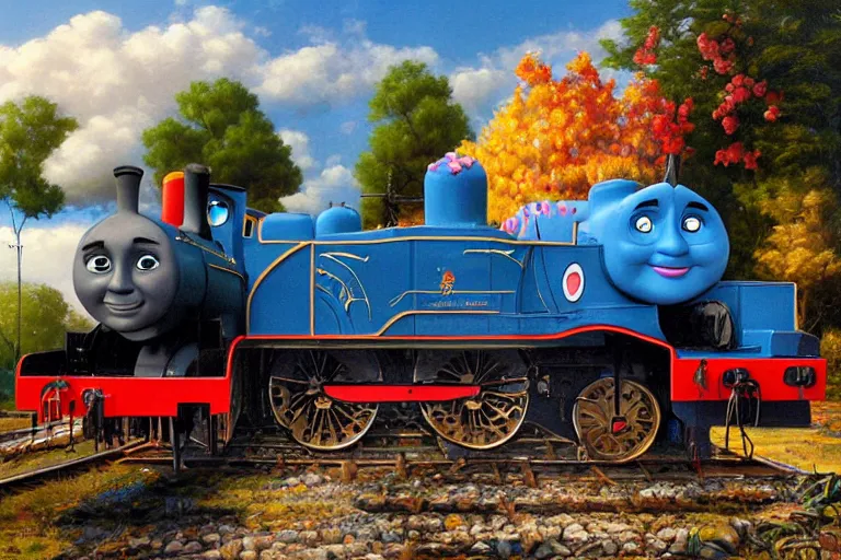 Prompt: elton john playing a piano on top of thomas the tank engine, an oil painting by ross tran and thomas kincade