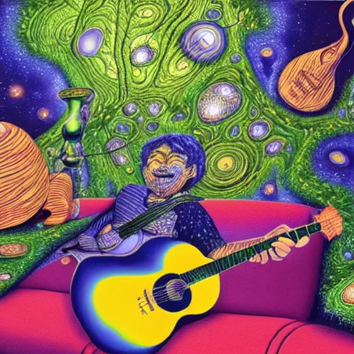 Image similar to psychedelic couch sofa in the lush forest, guitar, milky way, designed by moebius, rob gonsalves, gustav dore, giuseppe arcimboldo and carl barks, louis wain, trending on artstation, canada, star, sharp focus, colorful refracted sparkles and lines, soft light, 8 k 4 k