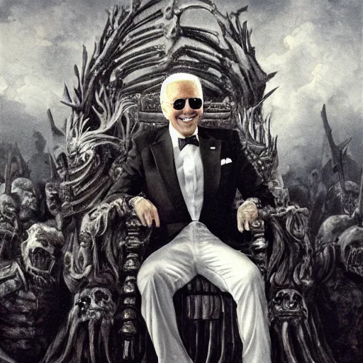 Prompt: Joe Biden sitting on his throne of skulls with his sunglasses on and smiling, oil on canvas, 1883