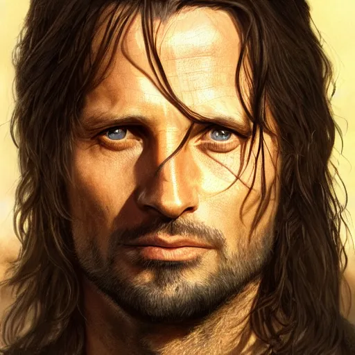 Image similar to Aragorn portrait, golden hour, rim lighting, detailed matte painting, cinematic, Alan Lee, Artstation