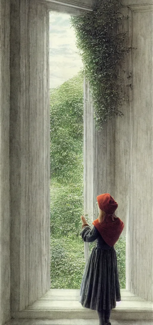 Image similar to an elf staring at the window looking at the trees outside, 8 k, ultra _ realistic, art by alan lee
