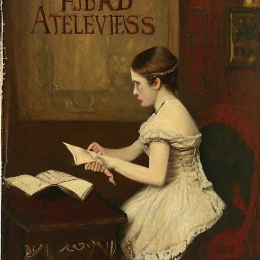 Prompt: scared victorian lady reading a book with an occult symbol on the cover, painted by alfred stevens