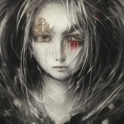 Image similar to yoshitaka amano blurred and dreamy illustration of an anime girl with pirate eye patch, wavy white hair and cracks on her face wearing elden ring armour with the cape fluttering in the wind, abstract black and white patterns on the background, noisy film grain effect, highly detailed, renaissance oil painting, weird portrait angle