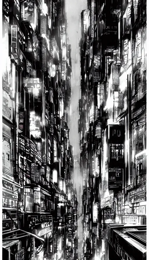 Image similar to blade runner style dystopian mega city street, lower levels with towering buildings reaching up to the clouds, viewed from street level looking up at neon sci - fi signs and lights, matt cook illustrator war artist, syd mead concept art, doug chiang concept drawings, ink drawing, ink illustration, colour ink with dark contrasted shadows, pink green and blue lights