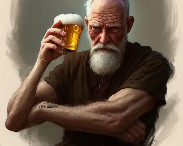 Prompt: detailed vision of an old man frowning as he drinks a beer, deep focus, d & d, fantasy, intricate, elegant, highly detailed, digital painting, artstation, concept art, matte, sharp focus, illustration, hearthstone, art by artgerm and greg rutkowski and alphonse mucha