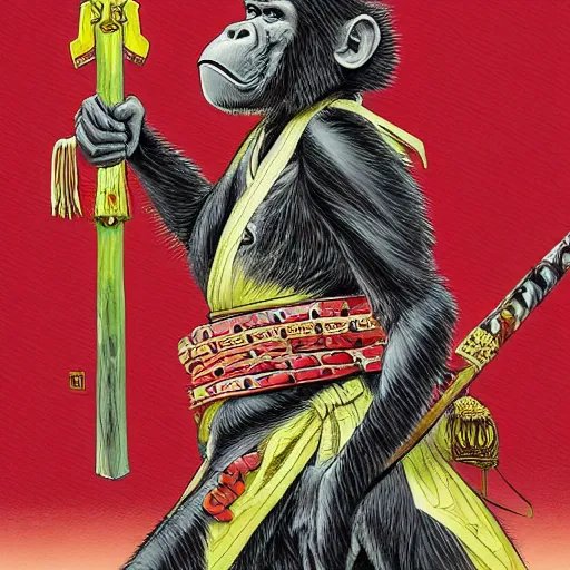 Image similar to An bipedal chimp dressed like a samurai, wielding a sword, intricate, elegant, highly detailed, smooth, sharp focus, detailed face, colourful, high contrast, graphic novel, art by Michael Choi,