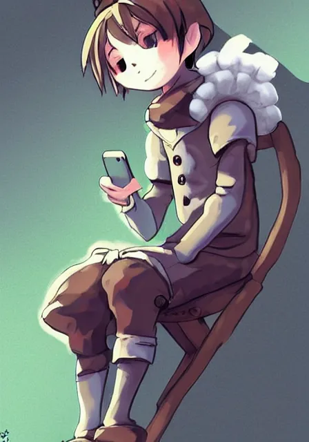 Image similar to beautiful little boy wearing sheep suit using a smartphone while sitting on chair, gray, blue, green and brown pallet color. made in abyss art style, inspired in kris from deltarrune, cute detailed artwork, anatomically correct, soft details,, reflection