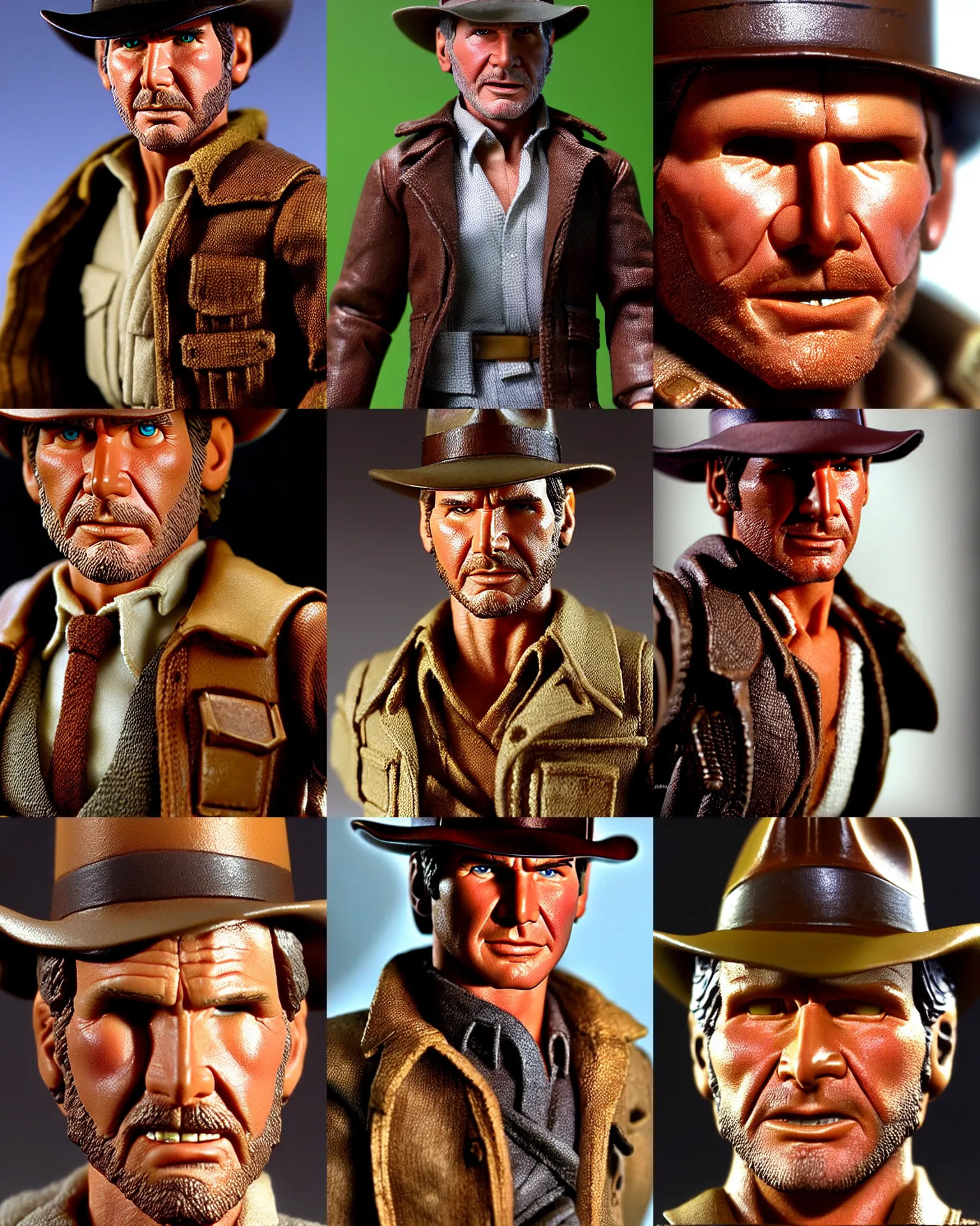 Prompt: harrison ford indiana jones, neca!!! f action figure by neca face close up headshot in the style of neca, character by neca, film still, bokehs