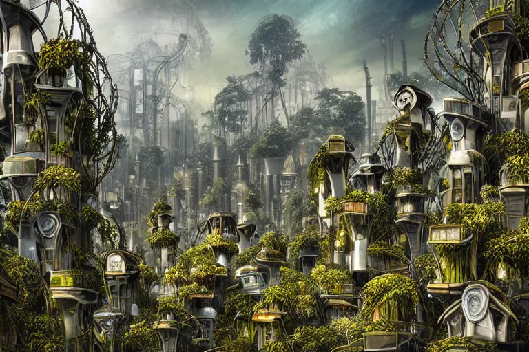 Prompt: elegance futuristic foliage overgrowing favela graveyard honeybee hive, art nouveau environment, industrial factory, award winning art, epic dreamlike fantasy landscape, ultra realistic,