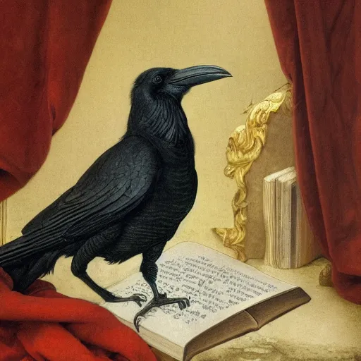 Image similar to beautifully detailed animal portrait of a detailed raven looking at a book laid out on a golden silk cloth, in a serene beautiful stone arched garden at beautiful sunrise by john james audubon and sidney cooper and frederic leighton and rosetti and william morris, 4 k, artstation