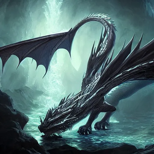 Prompt: dragon made of clear flowing water, epic fantasy concept art, chiaroscuro